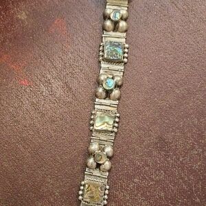 Abalone Inlay Silver Link Bracelet - Iridescent Green Blue